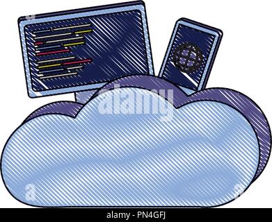 Ordinateur râpé et smartphone avec centre de données en nuage Illustration de Vecteur