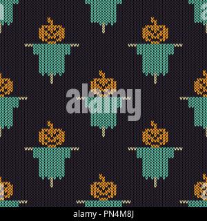 Motif tricoté Halloween. Tricot Seamless Texture avec pumpkin scarecrow. Conception pour pull, écharpe, Consolateur ou la texture des vêtements. Vector illustrat Illustration de Vecteur