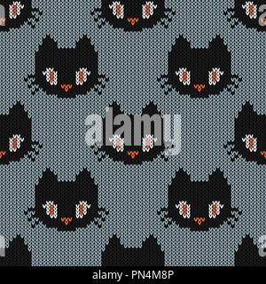 Motif tricoté Halloween. Tricot Seamless Texture avec chat mignon. Conception pour pull, écharpe, Consolateur ou la texture des vêtements. Vector illustration. Illustration de Vecteur