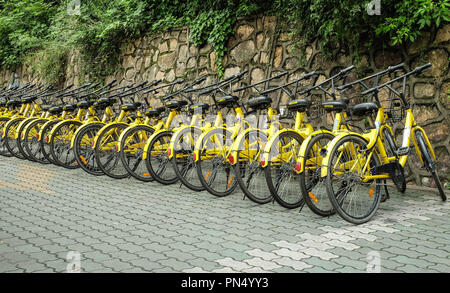 WUHAN, Hubei, Chine - 20 MAI 2018 : Rangée de vélos jaunes ,OFO gratuitement sloating location de vélos en Chine. Banque D'Images