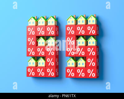 Nombre cinquante cinq avec maisons miniatures et du pourcentage des blocs. Le rendu 3d. Banque D'Images