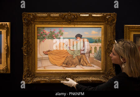 Bonhams, New Bond Street, London, UK. 20 Septembre, 2018. 19e siècle, européenne et britannique victorienne d'art impressionniste sur l'affichage à l'Bonhams avec 'Dolce Far Niente' par le peintre néo-classique Victorien John Godward conduisant le photocall, estimé à £000 200,000-300. Credit : Malcolm Park/Alamy Live News. Banque D'Images