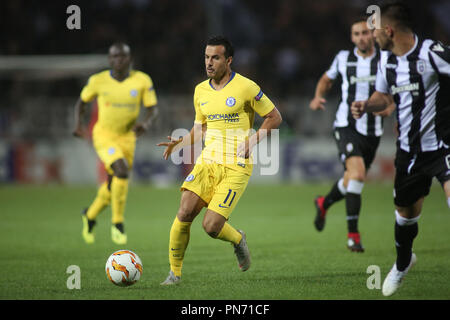 Thessalonique, Grèce. Sep 20, 2018. Avant de Chelsea Pedro (centre) en action pendant le match entre PAOK et Chelsea. Ligue Europa Phase de groupes match de foot entre PAOK FC et FC Chelsea. Credit : Giannis Papanikos/ZUMA/Alamy Fil Live News Banque D'Images