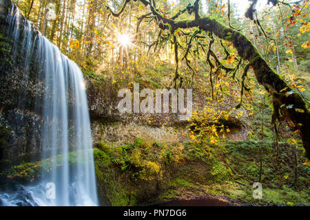 Lower South Falls à Silver Falls State Park, de l'Oregon à l'automne avec sun star Banque D'Images