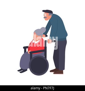 D'âge mûr sur une marche. Soin d'une personne handicapée. Vieux homme porte une femme âgée en fauteuil roulant. Cartoon vector illustration of senior couple. Illustration de Vecteur