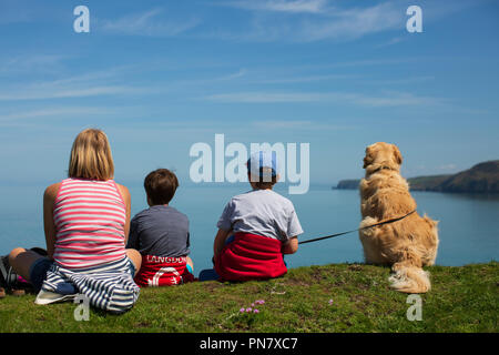 Une maman avec ses deux garçons et golden retriever animaux donnant à voir à partir de la falaise. Banque D'Images