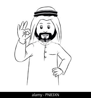 Cartoon musulmane arabe man gesturing OK signe, faites à la main pour Coloring Book - Vector Illustration. Illustration de Vecteur