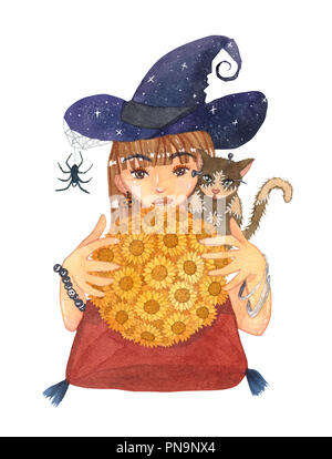 Sorcière et diseuse Zombie chat avec balle Tournesol Aquarelle. Illustration isolé sur fond blanc. Banque D'Images