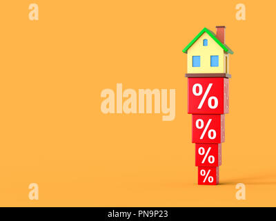 Abstract Miniature House sur le pourcentage de blocs. Rouge 3d illustration. Banque D'Images