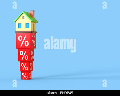 Abstract Miniature House sur le pourcentage de blocs. Rouge 3d illustration. Banque D'Images