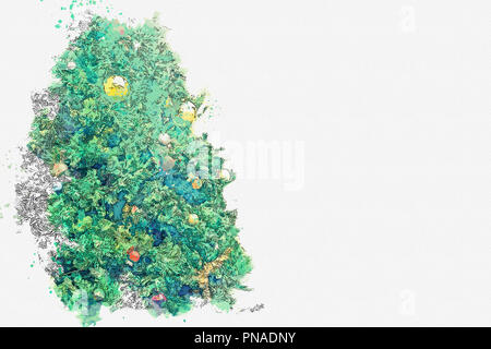 Aquarelle ou illustration d'un arbre de Noël décoré de guirlandes et de boules différentes. Endroit à proximité pour le texte. Banque D'Images