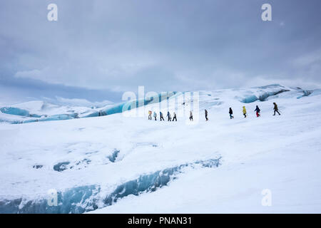 Les touristes portant des vêtements de randonnée glaciaire sur le glacier Svinafellsjokull glacier un débouché de Vatnajokull, le sud de l'Islande Banque D'Images