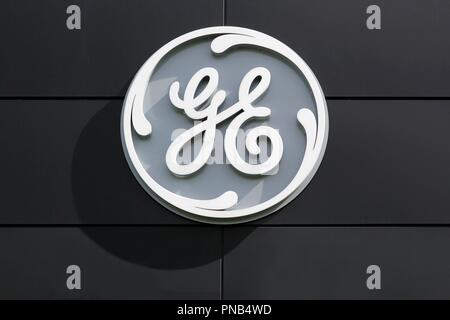 Fredericia, Danemark - 21 Avril 2018 : General Electric Compagny logo sur un mur. General Electric Company est un conglomérat multinational américain Banque D'Images