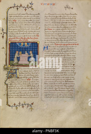 Caïn et Abel offrant des cadeaux. Date/Période : Ca. 1360 - 1370. Folio. Température de couleurs, d'or et encre sur parchemin. Hauteur : 349 mm (13.74 in) ; Largeur : 260 mm (10.23 in). Auteur : Maître de Jean de Mandeville. Banque D'Images