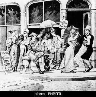 1800 SUFFRAGE UNIVERSEL ANTI-CARICATURE PRÉSENTANT DES FEMMES portant des bottes PANTALONS CIGARETTE ATTAQUER MAN HOLDING BABY - un HAR7969001 HARS 1800 B&W VOTER LIBERTÉ CIGARETTES STYLES D'HUMOUR POLITIQUE SUFFRAGE PANTALON TOURNANT DU 20ème siècle, LES DROITS DES FEMMES L'EXCITATION DES PROGRÈS DE L'HOMME DESSIN ANIMÉ LE LEADERSHIP FÉMININ AU MASCULIN POLITIQUE PROFESSIONS DROIT DROITS POOCH 19E SIÈCLE ÉLÉGANT BLOOMERS SOUTIEN CONCEPTUEL LE SEXISME FÉMINISTE URNE SEXISTE MODES NOIR ET BLANC DE L'origine ethnique caucasienne démontrant HAR FÉMINISTES001 old fashioned Banque D'Images