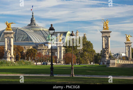 Avis de Grand Palais et statues en or à Pont Pont Alexandre III, Paris, France. Banque D'Images