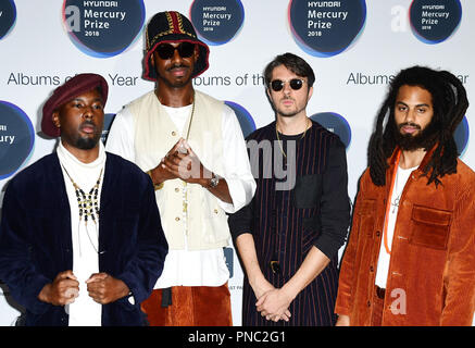 Lesur Cross, Shabaka Hutchings, Tom Skinner et Eddie Hick de fils de Kemet participant à la Hyundai 2018 Mercury Music Prize, tenue à l'Eventim Apollo, Londres. Pour un usage éditorial dans le cadre de la 2018 Hyundai Prix Mercure seulement Banque D'Images