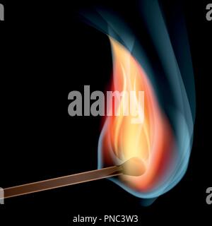 Match stick brûler avec des flammes et de la fumée sur fond noir Illustration de Vecteur