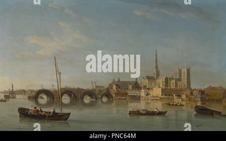 Le bâtiment de Westminster Bridge. Date/Période : Ca. 1742. La peinture. Huile sur toile. Hauteur : 686 mm (27 in) ; largeur : 1 194 mm (47 in). Auteur : Samuel Scott. Banque D'Images