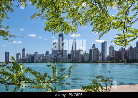 Vue de l'horizon de Chicago à partir de North Avenue Beach, sur le lac Michigan, Chicago, Illinois. Banque D'Images