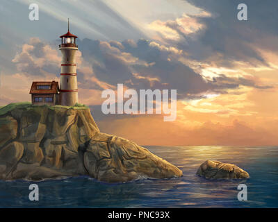 Phare sur une falaise côtière rocheuse au coucher du soleil. Peinture numérique. Banque D'Images