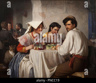 Dans une Osteria romain. Date/période : 1866. La peinture. Huile sur toile. Hauteur : 1 485 mm (69.72 in) ; largeur : 1 775 mm (69,88 po). Auteur : CARL BLOCH. Bloch, Carl. Banque D'Images