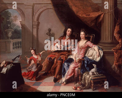 Le joueur de guitare. Date/Période : Ca. 1700. La peinture. Huile sur toile. Hauteur : 902 mm (78.77 in) ; largeur : 1 175 mm (46.25 in). Auteur : JACOB VAN SCHUPPEN. Banque D'Images