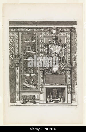 Conception d'un mur de cheminée avec panneaux laqués et porcelaine. Date/Période : Ca. 1700. L'impression. La gravure sur papier vergé crème. Auteur : Daniel Marot. Banque D'Images