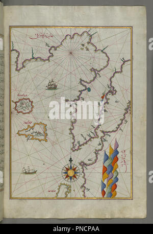 La carte des îles de Semendrek Imroz et dans la mer Égée. Date/Période : pouf. D'enluminures ; factures (feuilles) ; des cartes. Encre et pigments sur papier européen mis à l'encre et pigments sur papier européen prévue. Hauteur : 34 mm (1,33 in) ; largeur : 24 mm (0,94 in). Auteur : Piri Reis. Banque D'Images