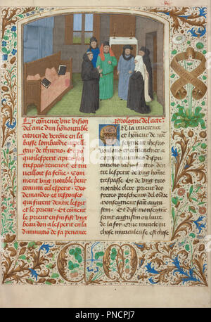 Un moine et Guy's widow la conversation avec l'âme de Guy de Thurno. Date/période : 1475. Folio. Température de couleurs, l'or, et de l'encre sur parchemin lié par Trautz-Bauzonnet entre conteneur recouvert de moderne. Hauteur : 364 mm (14.33 in) ; Largeur : 257 mm (10.11 in). Auteur : Simon Marmion. Banque D'Images