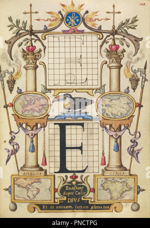 Guide pour la construction de la lettre E. Date/Période : Ca. 1591 - 1596. Folio. Aquarelles, peinture d'or et d'argent, et de l'encre sur parchemin. Hauteur : 166 mm (6,53 in) ; Largeur : 124 mm (4,88 in). Auteur : Joris Hoefnagel. Banque D'Images