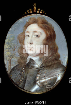 Portrait d'un homme. Date/période : 1652. Miniature. L'aquarelle. Le vélin, monté sur table book feuille. Hauteur : 69 mm (2,71 in) ; largeur : 57 mm (2,24 in). Auteur : Hoskins, John. John Hoskins. Banque D'Images