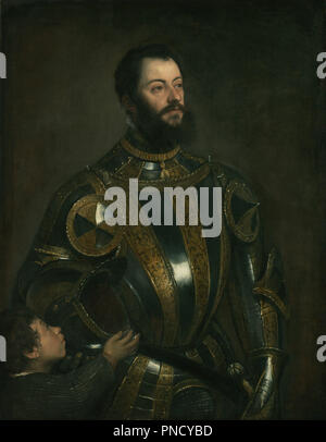 Portrait d'Alfonso d'Avalos, marquis de Vasto, en armure avec une page. Date/Période : Janvier - Février 1533 probablement. La peinture. Huile sur toile. Hauteur : 1 100 mm (43.30 in) ; Largeur : 800 mm (31.49 in). Auteur : Titien. Banque D'Images