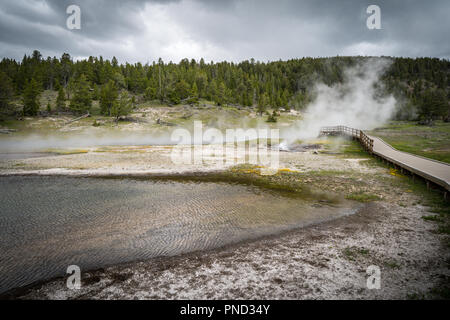 La demande par l'intermédiaire d'un dispositif thermique de la rivière dans le Parc National de Yellowstone. La vapeur sortant de l'eau de soufre Banque D'Images