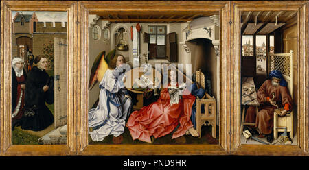 L'Annonciation (Retable Mérode). Date/Période : entre ca. 1427 et ca. 1432. Retable retable triptyque / / / peinture sur panneau. Huile sur chêne. Total : Hauteur : 64,5 cm (25.3 in) ; Largeur : 117,8 cm (46,3 in) / panneau central : 64,1 × 63,2 × 24,8 cm (25,2 in) / panneaux gauche et droite : 64,5 × 27,3 × 10,7 cm (25,3 in). Auteur : ROBERT CAMPIN. CAMPIN, ROBERT. Banque D'Images