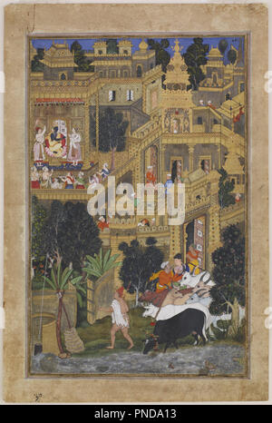 Le Seigneur Krishna dans la ville d'Or (Harivamsha) du harivamsa ,l'appendice d'Razmnama. Date/Période : Ca. 1585. / Peinture Peinture Aquarelle. Aquarelle opaque et d'or sur papier. Hauteur : 34,9 cm (13,7 in) ; Largeur : 23,2 cm (9,1 in). Auteur : Kalan et Miskin Kesu. Kalan, Kesav. Banque D'Images