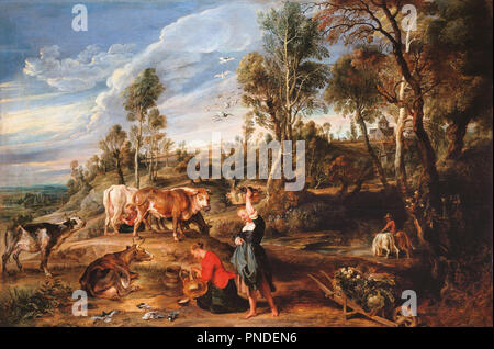 Milkmaids avec du bétail dans un paysage, "La Ferme à Laken'. Date/période : 1617 - 1618. La peinture. Huile sur panneau. Hauteur : 85,9 cm (33,8 in) ; Largeur : 127,9 cm (50,3 in). Auteur : Peter Paul RUBENS. Banque D'Images
