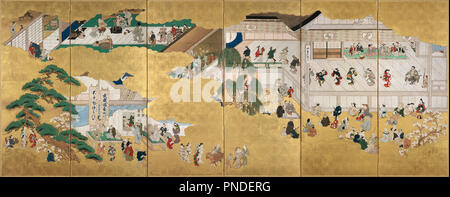 Des scènes du théâtre Kabuki Nakamura. Date/période : 1684 - 1704. La peinture. L'un d'une paire de paravents à six de bord ; l'encre et couleur sur papier à feuilles d'or. Hauteur : 1 580 mm (62,20 po) ; largeur : 3 840 mm (12,59 pi). HISHIKAWA MORONOBU, auteur :. Banque D'Images