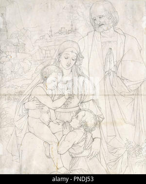 Sainte Famille avec Jean le Baptiste comme un garçon. Date/période : 1816. Crayon, plume et encre noire, sur carton jaune. Bleistift und Feder dans gelblichem, Schwarz auf Karton. Hauteur : 492 mm (19.37 in) ; Largeur : 420 mm (16.53 in). Auteur : PETER VON CORNELIUS. Banque D'Images