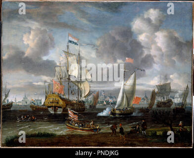 Un Yacht Anglais saluant un homme de guerre dans le port de Rotterdam. Date/Période : avant 1708. La peinture. Huile sur toile. Hauteur : 621 mm (24.44 in) ; Largeur : 810 mm (31.88 in). Auteur : STORCK, ABRAHAM. Abraham Storck. Banque D'Images