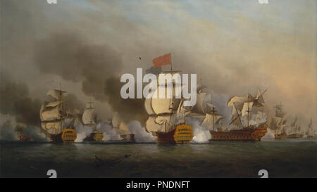 Le Vice-amiral Sir George Anson's Victory au large du cap Finisterre. Date/période : 1749. La peinture. Huile sur toile. Hauteur : 1 016 mm (40 in) ; largeur : 1 803 mm (70.98 in). Auteur : Samuel Scott. Banque D'Images