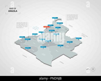 3D isométrique Angola carte. Carte vectorielle illustration stylisée avec les villes, les frontières, les capitaux, les divisions administratives et marques ; pointeur background gradient Illustration de Vecteur