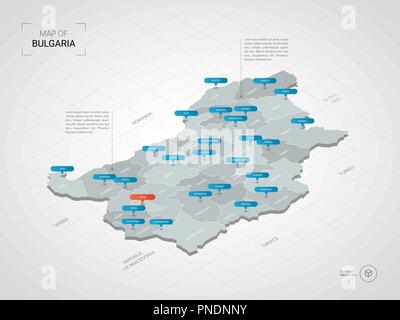 Bulgarie carte 3D isométrique. Carte vectorielle illustration stylisée avec les villes, les frontières, les capitaux, les divisions administratives et marques ; pointeur backg gradient Illustration de Vecteur