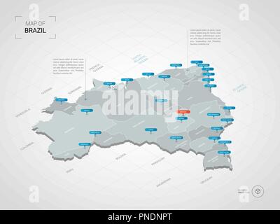 3D isométrique Brésil carte. Carte vectorielle illustration stylisée avec les villes, les frontières, les capitaux, les divisions administratives et marques ; pointeur backgrou gradient Illustration de Vecteur