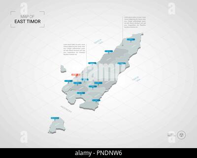3D isométrique du Timor oriental. Carte vectorielle illustration stylisée avec les villes, les frontières, les capitaux, les divisions administratives et pointeur marques ; bac de gradient Illustration de Vecteur