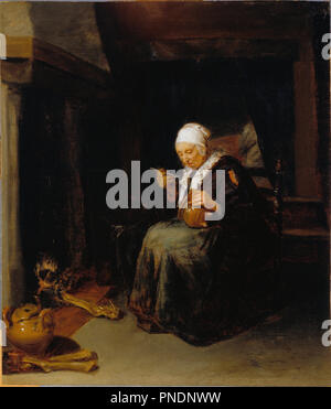 Old Woman Eating. Date/Période : De la mi-17ème siècle. La peinture. Huile sur panneau de l'huile. Hauteur : 479 mm (18,85 po) ; Largeur : 405 mm (15.94 in). Auteur : attribué tovan Brekelenkam, Quiringh. QUIRIN GERRITSZ VAN BREKELENKAM. Banque D'Images