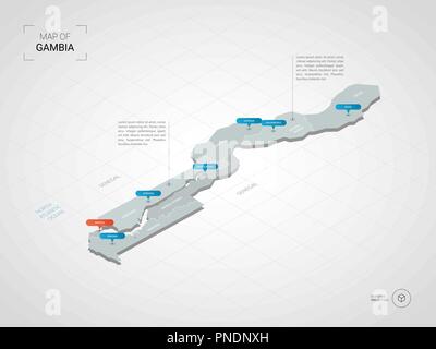 3D isométrique Gambie carte. Carte vectorielle illustration stylisée avec les villes, les frontières, les capitaux, les divisions administratives et marques ; pointeur background gradient Illustration de Vecteur