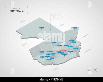 3D isométrique Guatemala map. Carte vectorielle illustration stylisée avec les villes, les frontières, les capitaux, les divisions administratives et marques ; pointeur Retour gradient Illustration de Vecteur