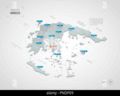 Isometric  3D Greece map. Stylized vector map illustration with cities, borders, capital, administrative divisions and pointer marks; gradient backgro Illustration de Vecteur