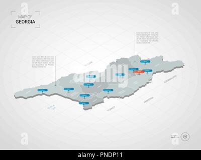 3D isométrique Géorgie carte. Carte vectorielle illustration stylisée avec les villes, les frontières, les capitaux, les divisions administratives et pointeur marques ; zone de gradient Illustration de Vecteur